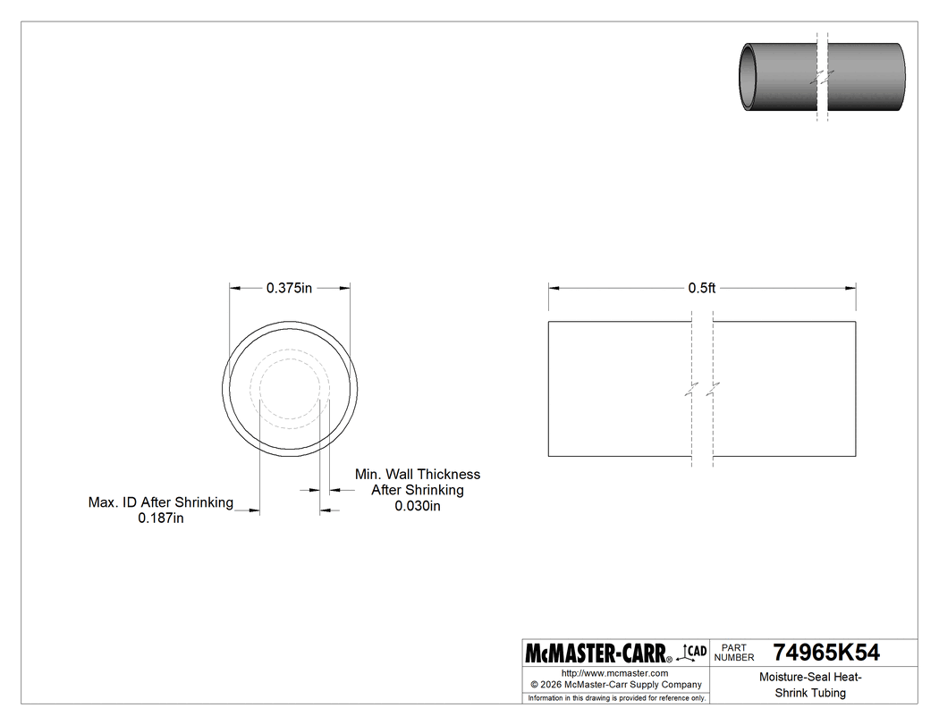 Technical Drawing of Moisture-Seal Heat-Shrink Tubing, 2:1 Shrink Ratio, 0.38" ID Before Shrink, 1/2 Foot Long.
